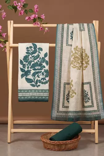 beige printed linen cotton unstitched dress material 