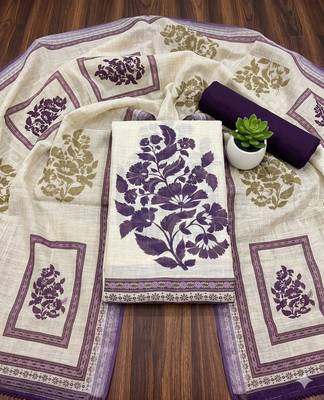 beige printed linen cotton unstitched dress material  1