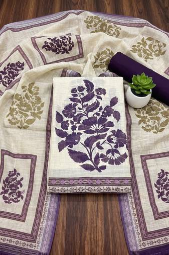 beige printed linen cotton unstitched dress material 