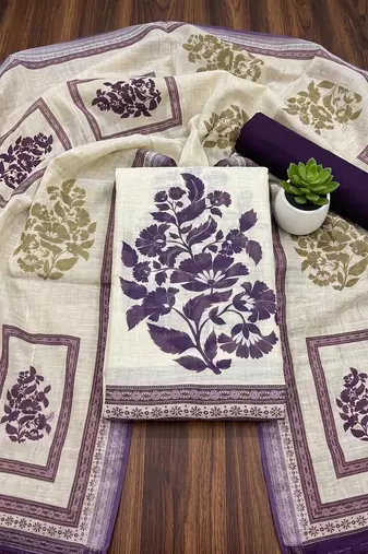 beige printed linen cotton unstitched dress material 