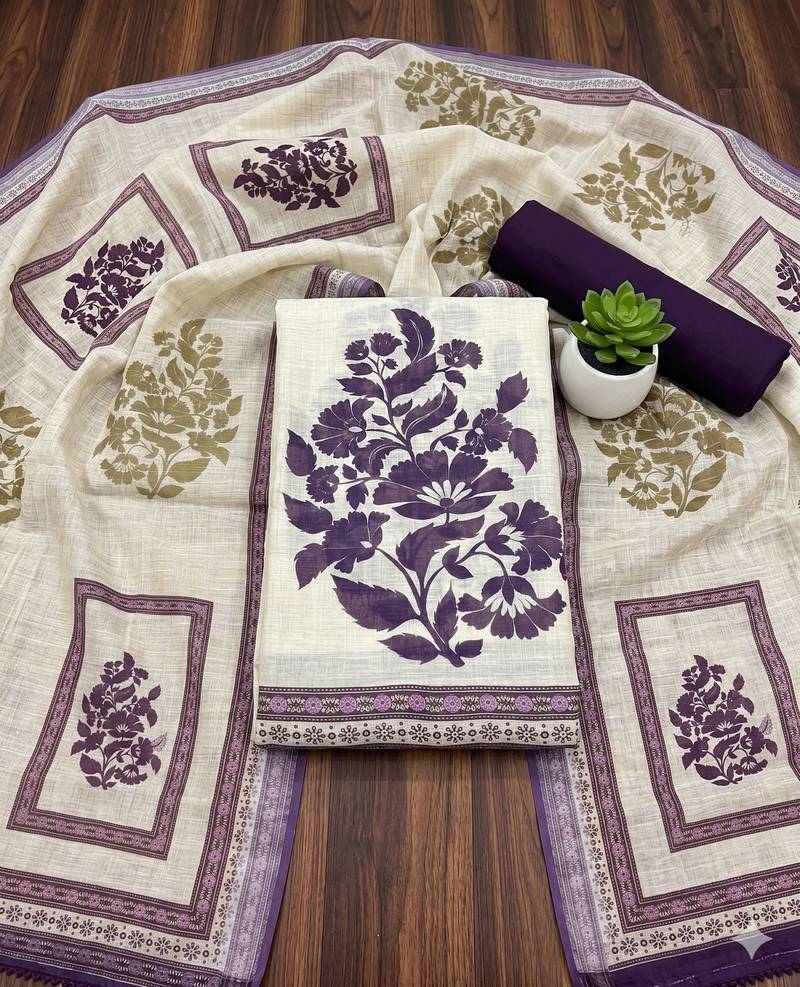 beige printed linen cotton unstitched dress material 