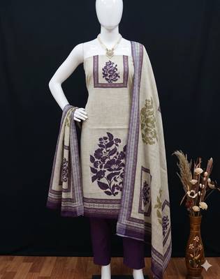 beige printed linen cotton unstitched dress material  2