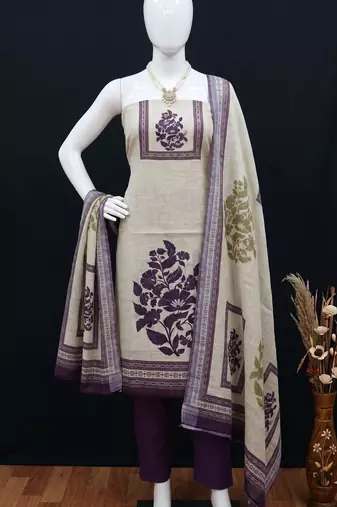 beige printed linen cotton unstitched dress material 