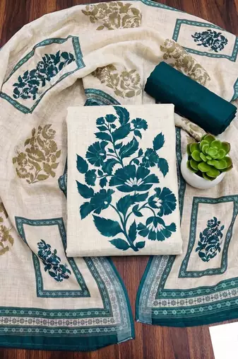 beige printed linen cotton unstitched dress material 