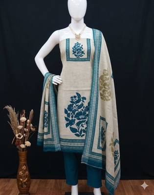beige printed linen cotton unstitched dress material  2