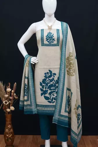 beige printed linen cotton unstitched dress material 