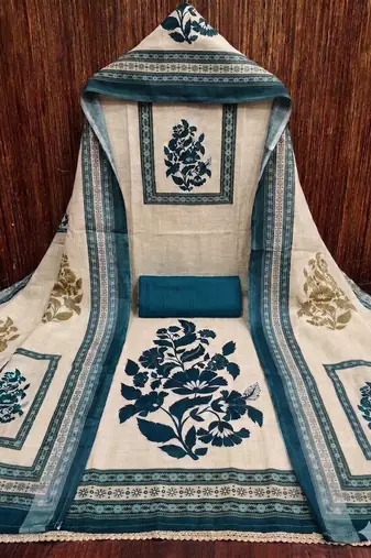 beige printed linen cotton unstitched dress material 