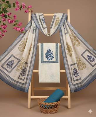 beige printed linen cotton unstitched dress material  4
