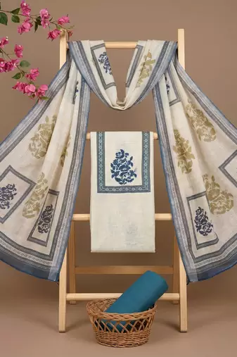beige printed linen cotton unstitched dress material 
