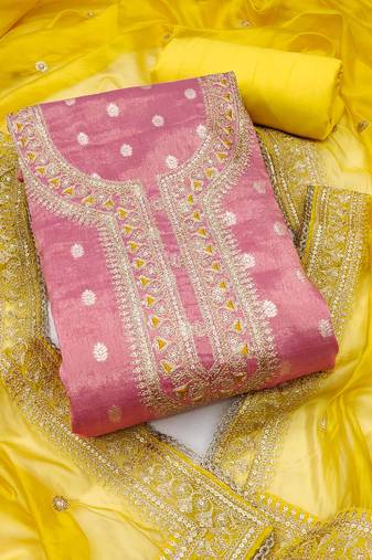 pink weaved shimmer silk unstitched dress material 