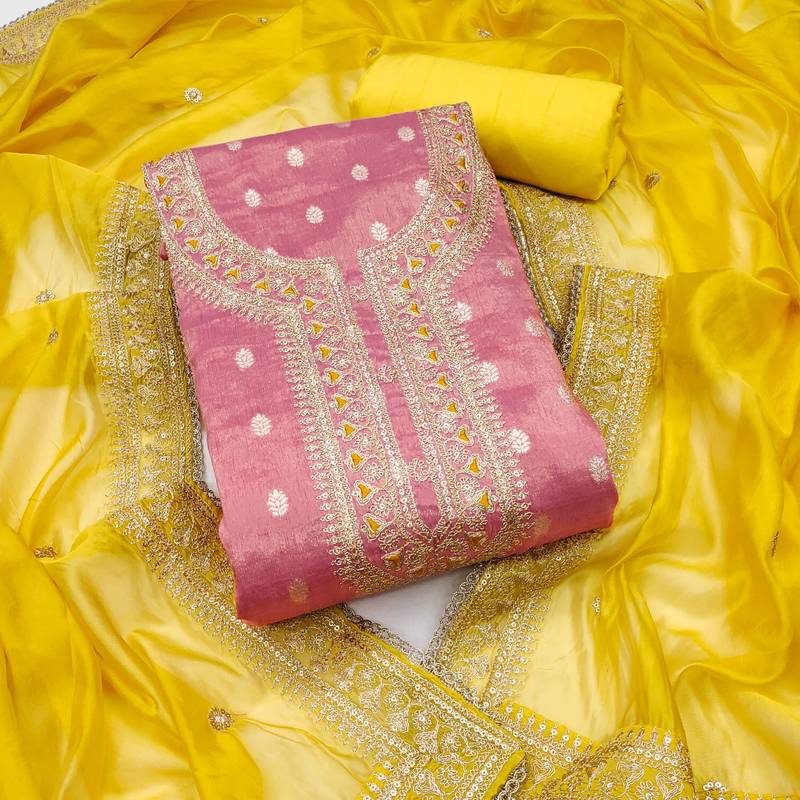 pink weaved shimmer silk unstitched dress material 