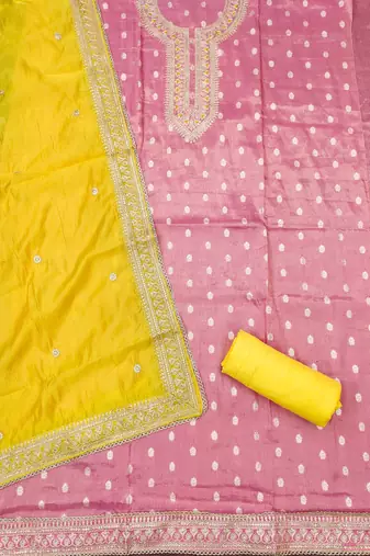 pink weaved shimmer silk unstitched dress material 