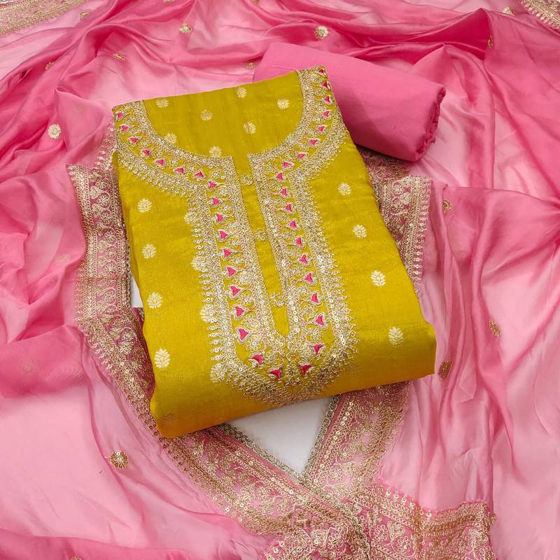 yellow  weaved shimmer silk unstitched dress material 