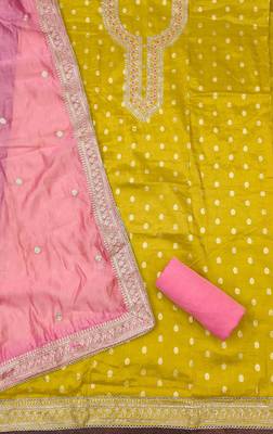 yellow  weaved shimmer silk unstitched dress material  2