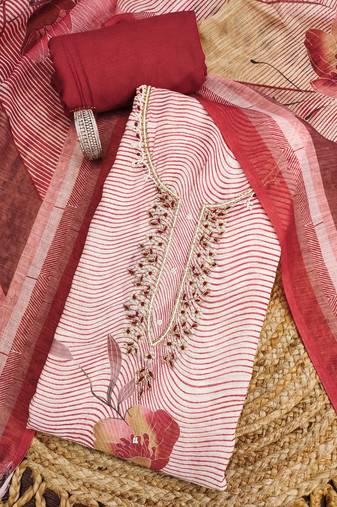 cherry red digital print linen cotton unstitched dress material 