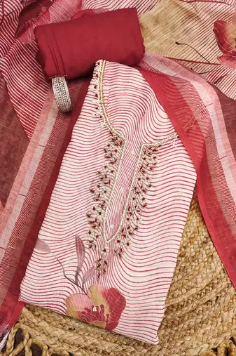 cherry red digital print linen cotton unstitched dress material 