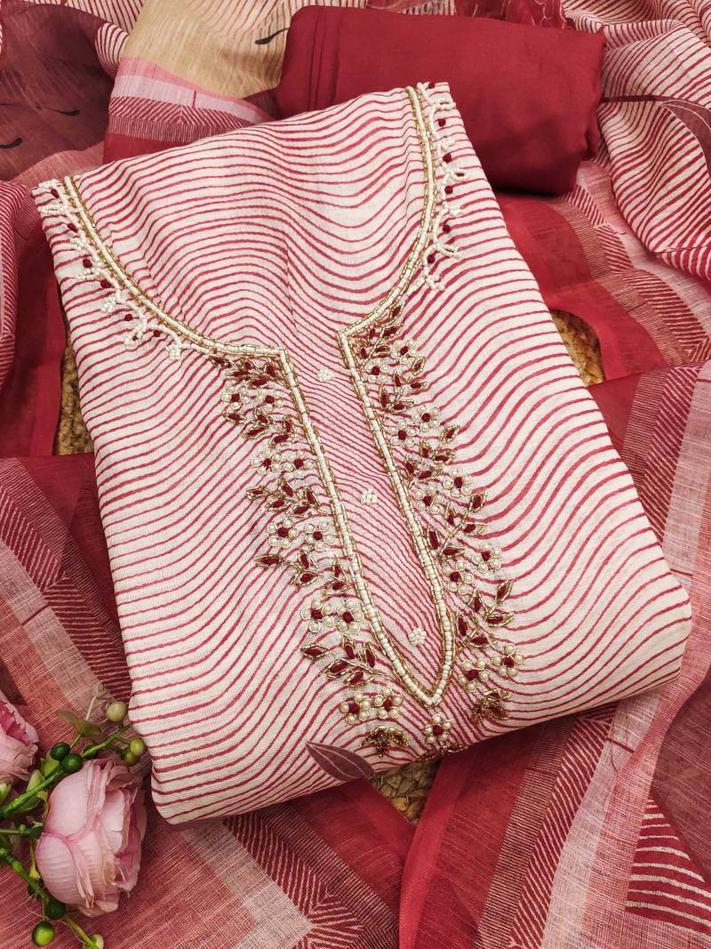 cherry red digital print linen cotton unstitched dress material 