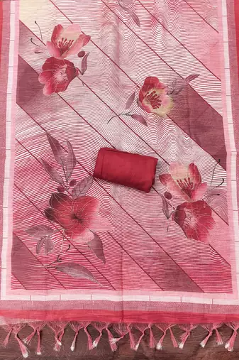 cherry red digital print linen cotton unstitched dress material 