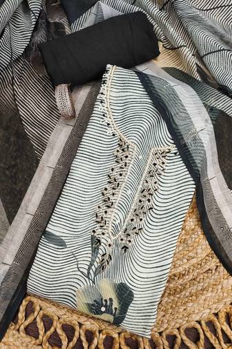 charcoal black digital print linen cotton unstitched dress material 