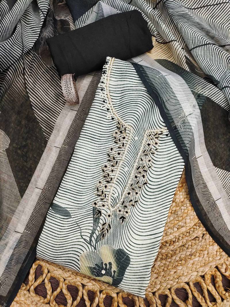 charcoal black digital print linen cotton unstitched dress material 