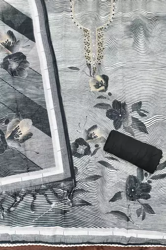 charcoal black digital print linen cotton unstitched dress material 