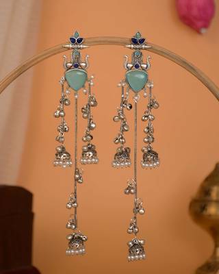 Oxidised Silver Look Multi Layer Long Chain Jhumka Earrings for Women with Artificial Stones 1