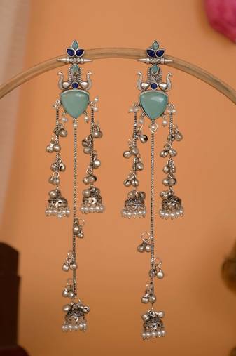 Oxidised Silver Look Multi Layer Long Chain Jhumka Earrings for Women with Artificial Stones