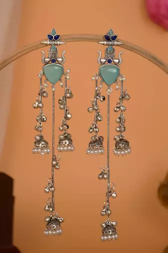 Oxidised Silver Look Multi Layer Long Chain Jhumka Earrings for Women with Artificial Stones
