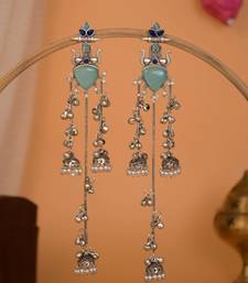 Oxidised Silver Look Multi Layer Long Chain Jhumka Earrings for Women with Artificial Stones