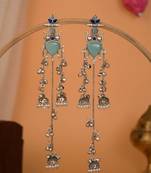 Oxidised Silver Look Multi Layer Long Chain Jhumka Earrings for Women with Artificial Stones