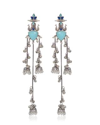 Oxidised Silver Look Multi Layer Long Chain Jhumka Earrings for Women with Artificial Stones 2