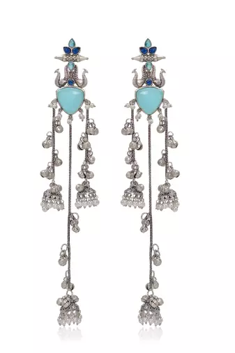 Oxidised Silver Look Multi Layer Long Chain Jhumka Earrings for Women with Artificial Stones