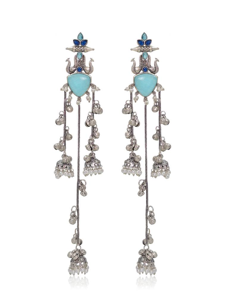 Oxidised Silver Look Multi Layer Long Chain Jhumka Earrings for Women with Artificial Stones