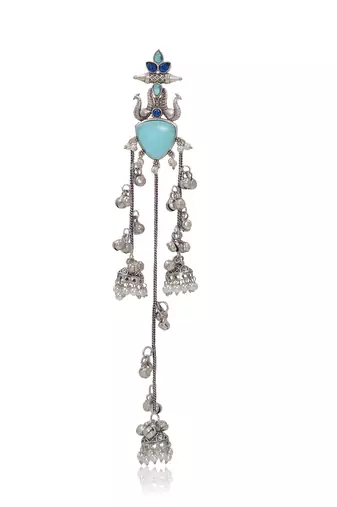 Oxidised Silver Look Multi Layer Long Chain Jhumka Earrings for Women with Artificial Stones