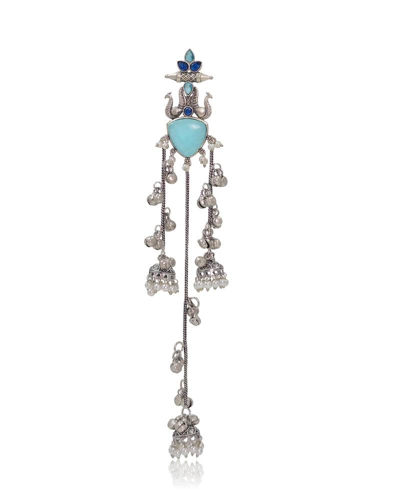 Oxidised Silver Look Multi Layer Long Chain Jhumka Earrings for Women with Artificial Stones