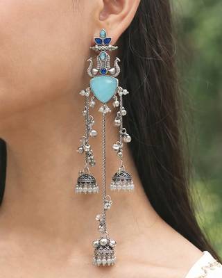 Oxidised Silver Look Multi Layer Long Chain Jhumka Earrings for Women with Artificial Stones 4