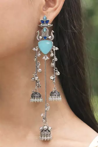 Oxidised Silver Look Multi Layer Long Chain Jhumka Earrings for Women with Artificial Stones