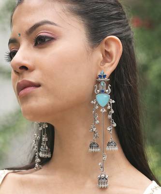 Oxidised Silver Look Multi Layer Long Chain Jhumka Earrings for Women with Artificial Stones 5