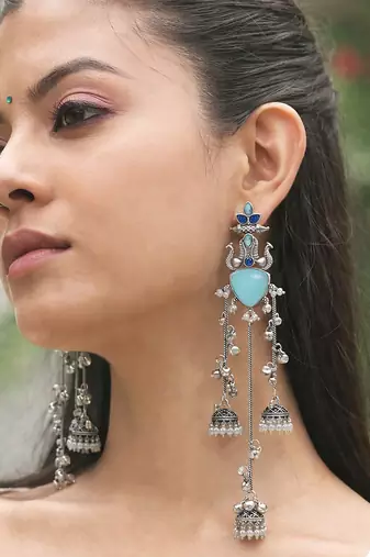 Oxidised Silver Look Multi Layer Long Chain Jhumka Earrings for Women with Artificial Stones