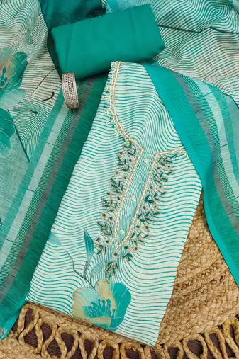 sea green digital print linen cotton unstitched dress material 