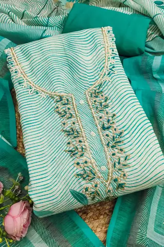 sea green digital print linen cotton unstitched dress material 