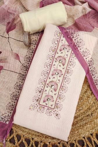 rose pink floral print linen cotton unstitched dress material 