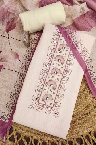 rose pink floral print linen cotton unstitched dress material 