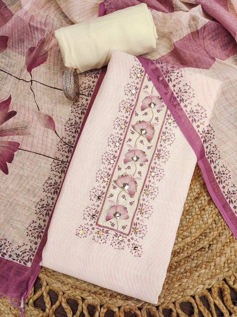 rose pink floral print linen cotton unstitched dress material 