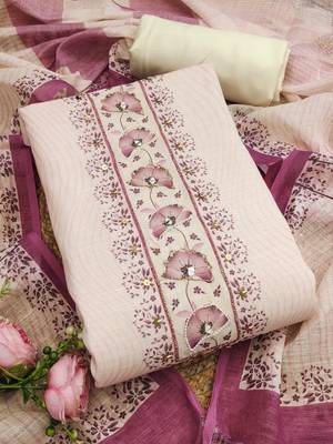 rose pink floral print linen cotton unstitched dress material  3