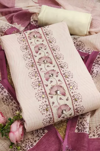 rose pink floral print linen cotton unstitched dress material 