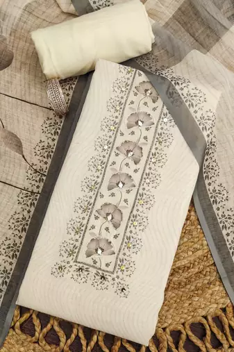 grey floral print linen cotton unstitched dress material 