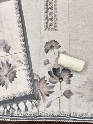 grey floral print linen cotton unstitched dress material  2