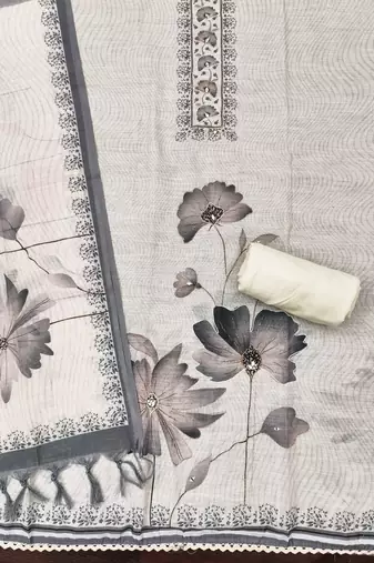 grey floral print linen cotton unstitched dress material 