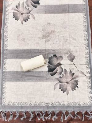 grey floral print linen cotton unstitched dress material  4